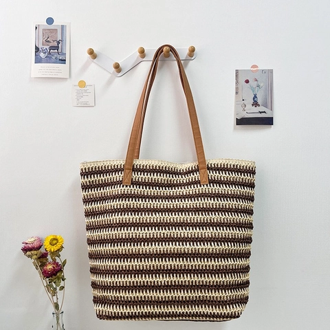 Woven Straw Tote Bag Large Capacity Striped Beach Shoulder Handbag With Zipper For Women Summer Casual Vacation Travel