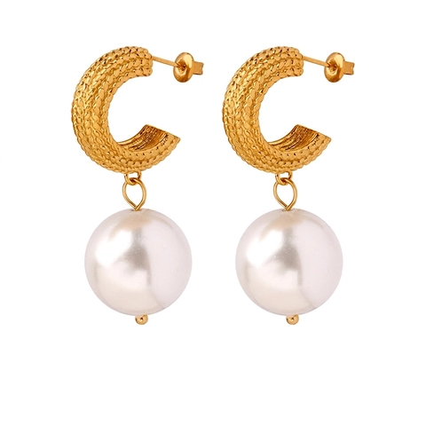 Vintage Titanstahl Gold Plated Künstliche Perlenohrringe Elegante Große Weiße Runde Perle Creolen Für Damen Mode Schmuck