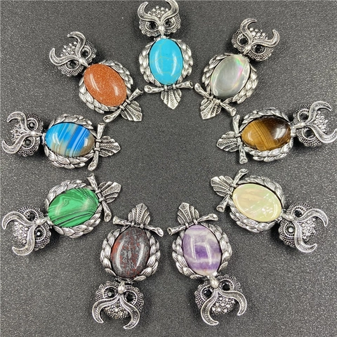 Pendente Civetta Vintage Collana Spilla Doppio Uso Lega Cristallo Naturale Pietra Preziosa Intarsiata Gioielli Animali Donne Stile Boho