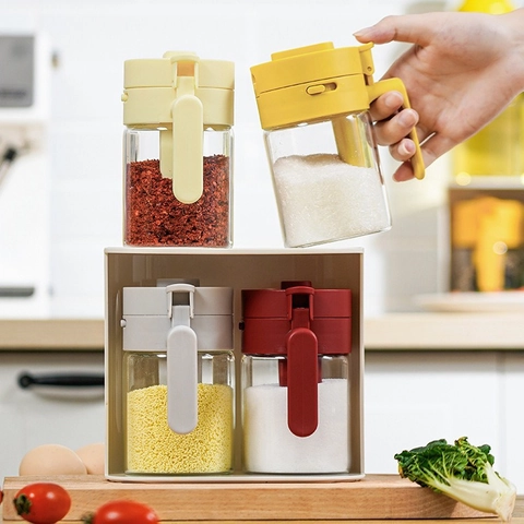 Tarro De Especias De Vidrio De Borosilicato Con Cuchara Y Tapa Abatible Operación Con Una Sola Mano Contenedor De Especias De Cocina