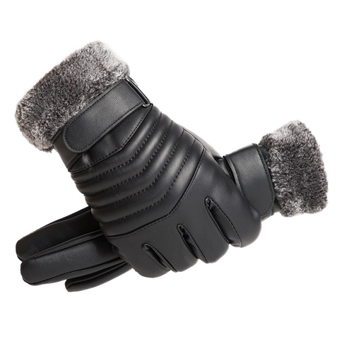 Men Winter Warm PU Leather Gloves With Faux Fur Cuff Fleece Lined Touchscreen Windproof For Outdoor Riding