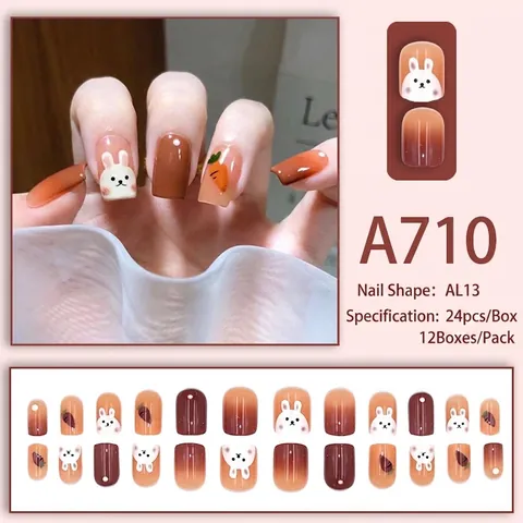 Press On Nails Short Square Round 3D Cartoon Rabbit Carrot Decor Caramel Brown Gradient Glossy Artificial Fake Nails For Women