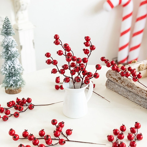 Artificial Red Berry Branches Christmas Holly Berries Stems Plastic Foam Decoration Home Vase Filler New Year Party Festive