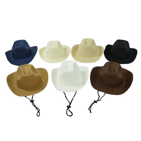 Vintage Western Cowboy Straw Hat Woven Paper Wide Brim Sun Shade Beach Cap With Adjustable Windproof Rope For Adult