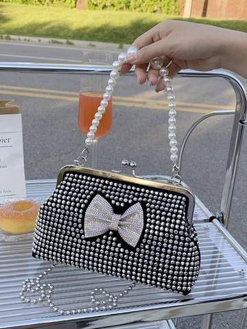 Bolso De Noche Para Mujer Clutch Con Diamantes De Imitación Diseño De Lazo Elegante Asa De Perlas Artificiales Y Cadena