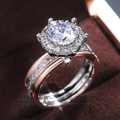 Round Zircon Engagement Ring Copper Two Tone Rose Gold Silver Plated Luxury Halo Stackable Bridal Rings For Women