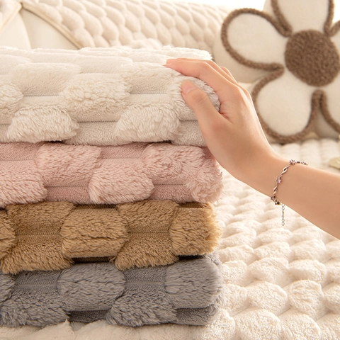 Soft Popcorn Fleece Sofa Cushion Cover Non-Slip Thickened 3D Bubble Texture Cream Style Furniture Protector Towel