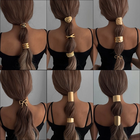 Metal Hair Ties Alloy Geometric Irregular Luxury Ponytail Holders Smooth Hammered Texture Hair Cuffs For Women Girls
