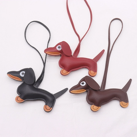 Dachshund Dog Keychain Bag Pendant Cute Puppy Shape PU Leather Stitching Hanging Decor For Handbag Purse Car Keys Gift