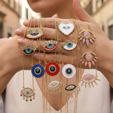 Copper Evil Eye Pendant Necklace Gold Plated Enamel Zirconia Inlaid Box Chain Clavicle Necklace For Women Fashion Jewelry
