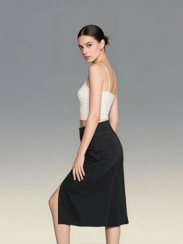 Women High Waisted Denim Skirt With Front Split Washed Midi Long Distressed Raw Hem Casual Slim Fit Style