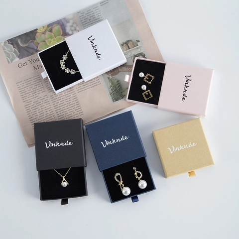 Jewelry Packaging Paper Drawer Style Gift Case For Ring Necklace Earring With Ribbon Pull Handle Velvet Lining