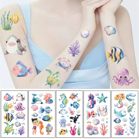 Tatuajes Temporales Animales Marinos Dibujos Animados Impermeables Para Niños Fiesta Temática Bajo El Mar Arte Corporal