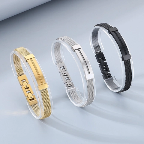 Pulsera De Hombre De Acero Inoxidable Malla Estilo Correa De Reloj Placa Curva Minimalista Joyería