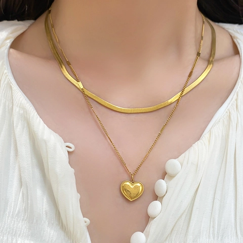 Double Layer Necklace Heart Pendant Titanium Steel 18K Gold Plated Love You Engraved Snake Chain Jewelry For Women