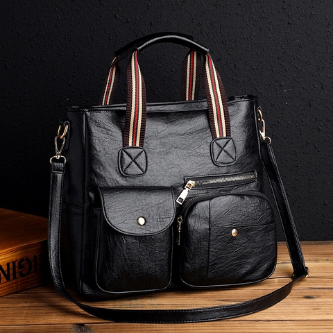 Borsa A Mano In Pelle PU Grande Capacità Multi Tasche Borsa A Tracolla Retrò Manici A Righe Borsa Tote Quotidiana