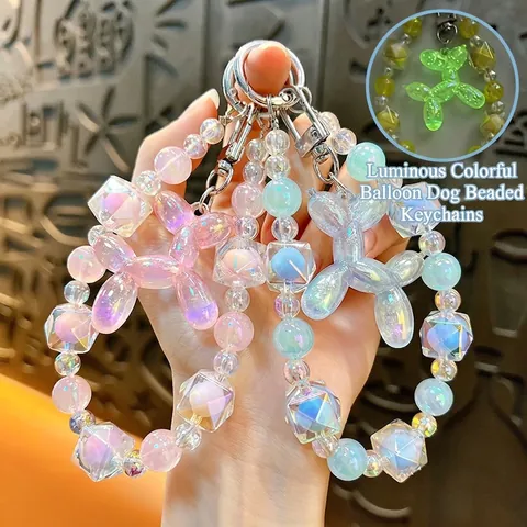 Luminous Iridescent Balloon Dog Beaded Phone Chain Cute Acrylic Keychain Bag Charm For Phone Case Decoration Women Gift