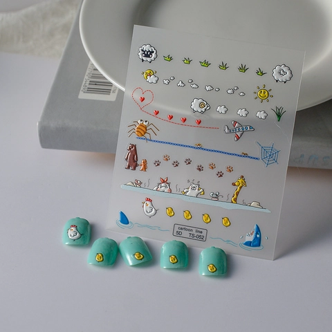 5D Embossed Nail Stickers Cartoon Animal Sheep Chicken Shark DIY Manicure Self Adhesive Waterproof Cute Decor