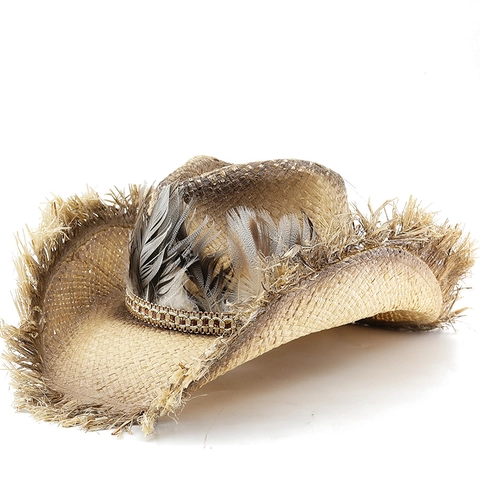 Cappello Cowboy Paglia Raffia Western Tesa Sfrangiata Piume Tesa Larga Protezione Solare Traspirante Spiaggia Festa Uomini Donne