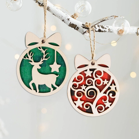 Christmas Hanging Ornaments Wooden Hollow Reindeer Star House Design Plaid Fabric Xmas Tree Decoration Festive Decor