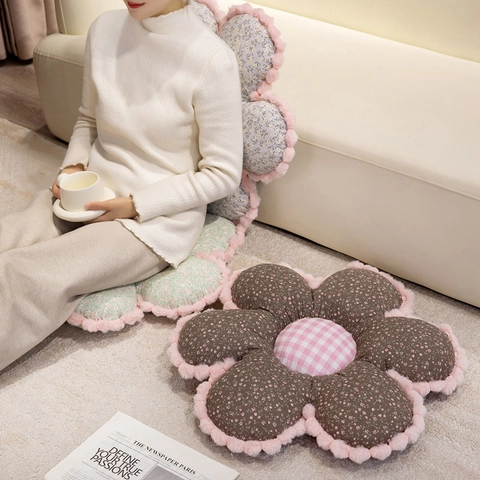 Bloemvormig Zitkussen Pluche Vloerkussen Bloemenpatroon Geruit Midden Zacht Katoen Tatami Mat Sofa Rugleuning Decoratie