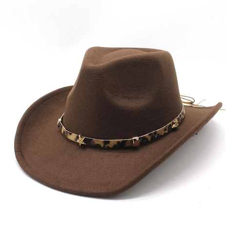 Western Cowboy Fedora Hat Woolen Felt With Leopard Band Golden Star Studs Wide Brim For Men Women
