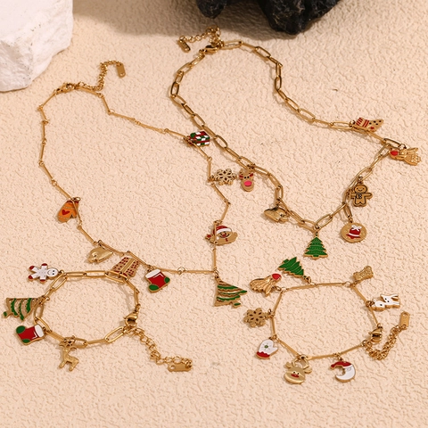 Christmas Charms Necklace And Bracelet 18K Gold Plated 316L Stainless Steel Enamel Reindeer Holiday Jewelry For Women