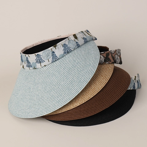Damen Stroh Sonnenblende Hut Breite Krempe Faltbar Atmungsaktiv Blumenmuster Band Verstellbar Strand Sommer