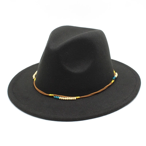 Fedora Hoed Met Brede Rand Wolachtige Katoen Polyester Mix Etnische Kralenband Retro Jazz Stijl Cap Voor Heren Dames Solid