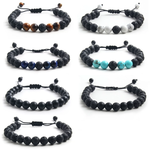 Natural Stone Lava Tiger Eye Turquoise Adjustable Braided Rope Bracelet Men Aromatherapy Diffuser Handmade Jewelry Gift