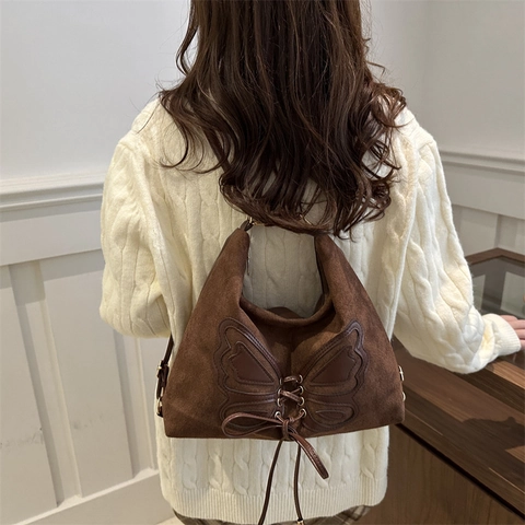 Vintage Suede Shoulder Bag For Women Retro Butterfly Pattern Lace-up Large Capacity Tote Bag Maillard Commute Crossbody Bag