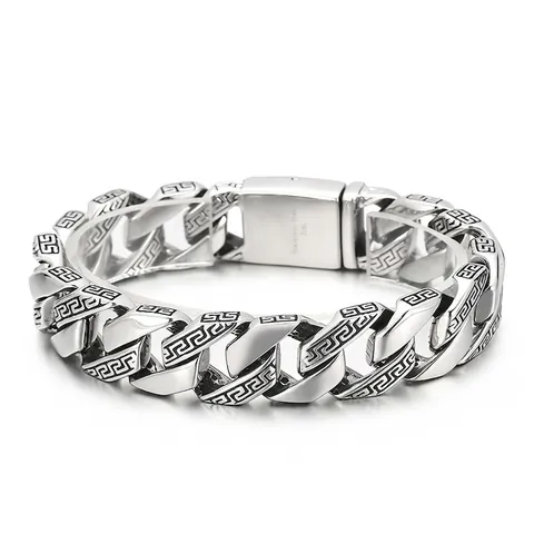 Pulsera De Cadena Cubana Acero Inoxidable 316L Patrón De Llave Griega Joyería Retro Biker Para Hombre