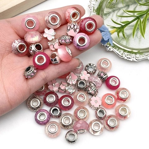 Pink Alloy Enamel Resin Rhinestone Large Hole Beads Charms For DIY Jewelry Making European Style Bracelet Flower Butterfly Heart Design