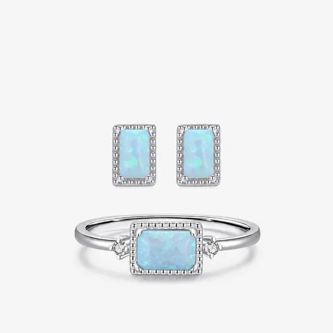 925 Sterling Silver Ring And Stud Earrings Rectangle Blue Opal Elegant Fashion Jewelry For Women Chic Style Minimalist