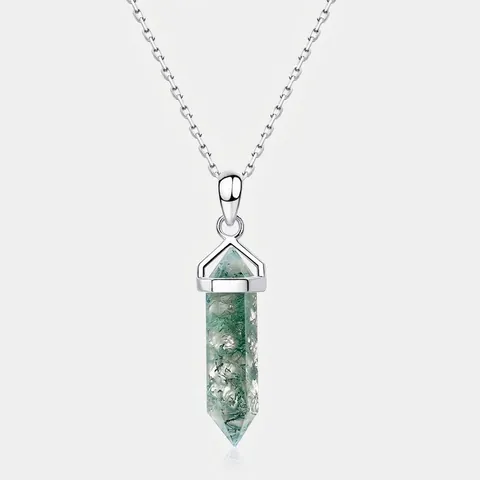 Natürliche Moosachat Anhänger Halskette 925 Sterling Silber Hexagonal Prisma Säule Kristall Stein Schmuck Elegant Für Damen