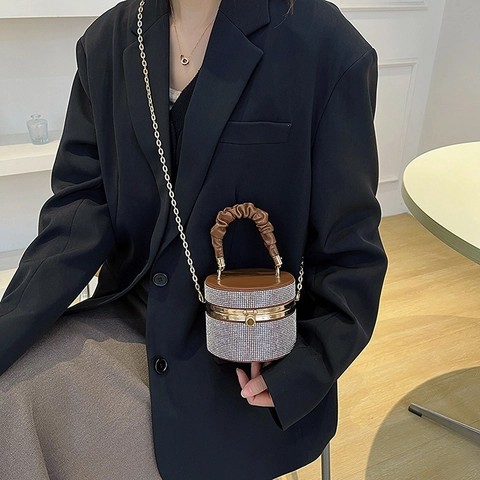 Rhinestone Cylinder Evening Bag With Pleated Handle PU Leather Detachable Chain Strap Crossbody Handbag For Women