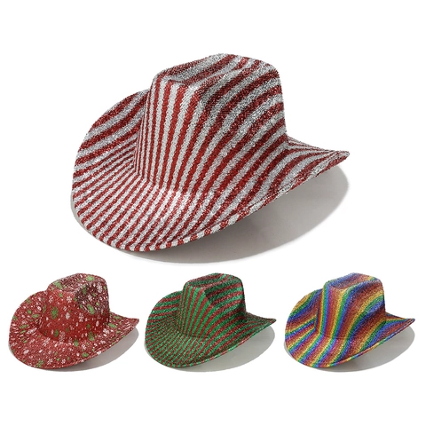 Chapeau De Cowboy À Paillettes Western Fedora Brillant Rayures Flocon De Neige Pour Fête De Noël Festival Carnaval Costume