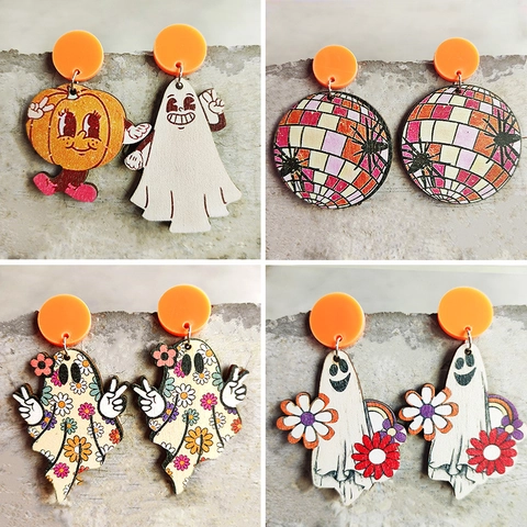 Halloween Retro Holz Acryl Ohrhänger Mit Stahl Ohrstecker Süße Geist Kürbis Spinne Neuheit Feiertag Schmuck