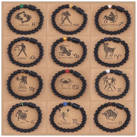 Zodiac Beaded Bracelet Natural Agate Tiger Eye Stone Elastic Stretch Horoscope Constellation Symbol Jewelry For Men Women