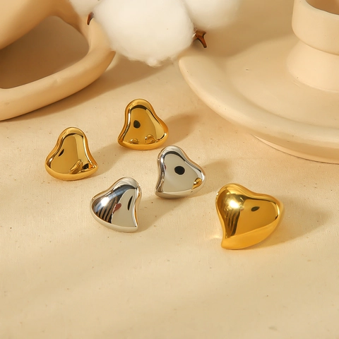 Heart Shaped Stud Earrings And Ring Stainless Steel 18K Gold Plated High Polished Mirror Finish Jewelry For Women Fashion