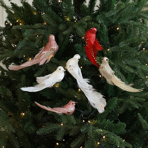 Kunstmatige Gevederde Vogels Kerstversiering Glitter Echte Veren Staart Glinsterende Vogel Clips Voor Feestdagen