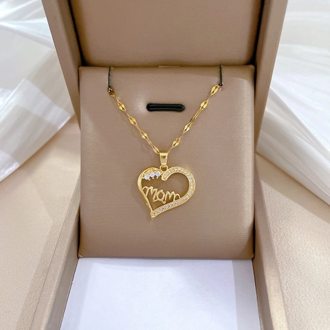 Goldene Herz Anhänger Halskette Edelstahlkette Kupfer Hohl Mom Buchstabe Zirkon Eingelegt Modeschmuck Für Frauen Mutter