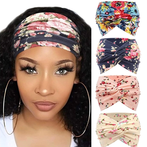 Twist Knot Headband For Women Wide Boho Paisley Floral Print Elastic Cotton Hair Band For Yoga Sports Running Makeup