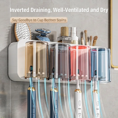 Wall Mounted Toothbrush Holder Set Plastic Multi Cups Automatic Toothpaste Squeezer Bathroom Organizer Family Storage Rack