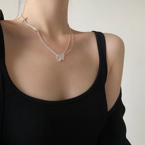 Collana In Argento Sterling 925 Con Perla Artificial Ciondolo A Cuore Croce E Zircone A Goccia Gioielli Asimmetrici Minimalisti