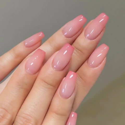 Unghie Finte Sfumate Rosa Lucido Forma Bara Ballerina Per Donna Stile Francese Decorazione Manicure