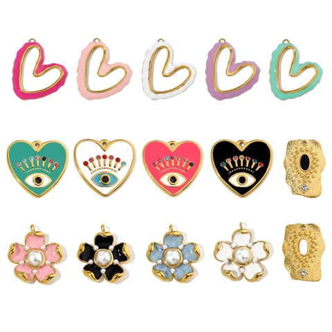 DIY Jewelry Charms Pendants Stainless Steel Enamel Flower Heart Evil Eye For Necklace Earrings Bracelet Making French Vintage Style