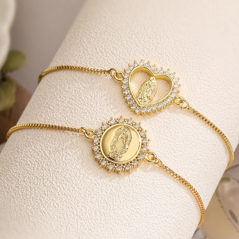 Virgin Mary Bracelet Gold Plated Copper Zircon Inlaid Adjustable Religious Jewelry For Women