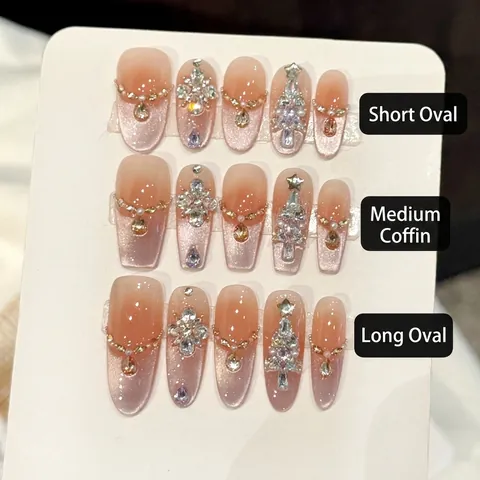 Handmade Press On Nails Pink Cat Eye Rhinestones Luxury Christmas Tree Heart Star Manicure For Women Sweet Style