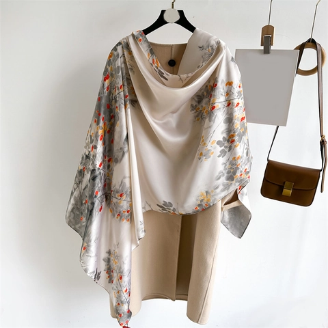 Scialle Lungo Sciarpa Imitazione Raso Stampa Floreale Pittura A Inchiostro Elegante Pashmina Per Donne
